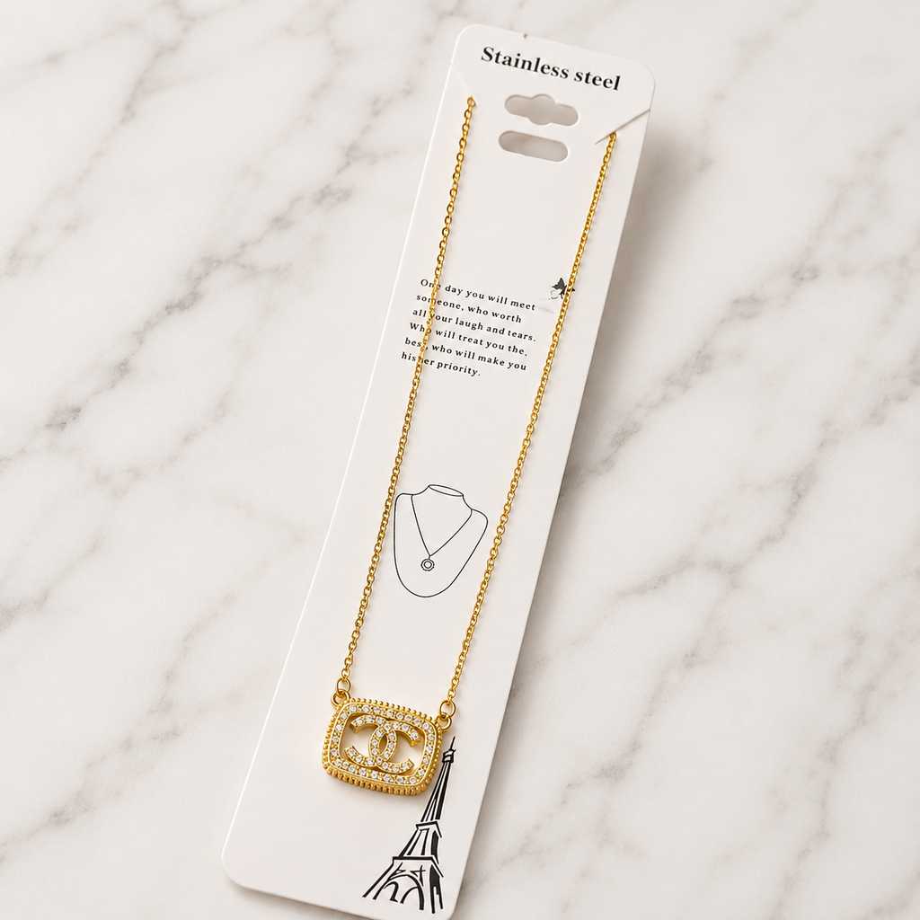 Luxury Gold-Tone Designer-Inspired Crystal Pendant Necklace | Stainless Steel Adjustable Necklace for Women