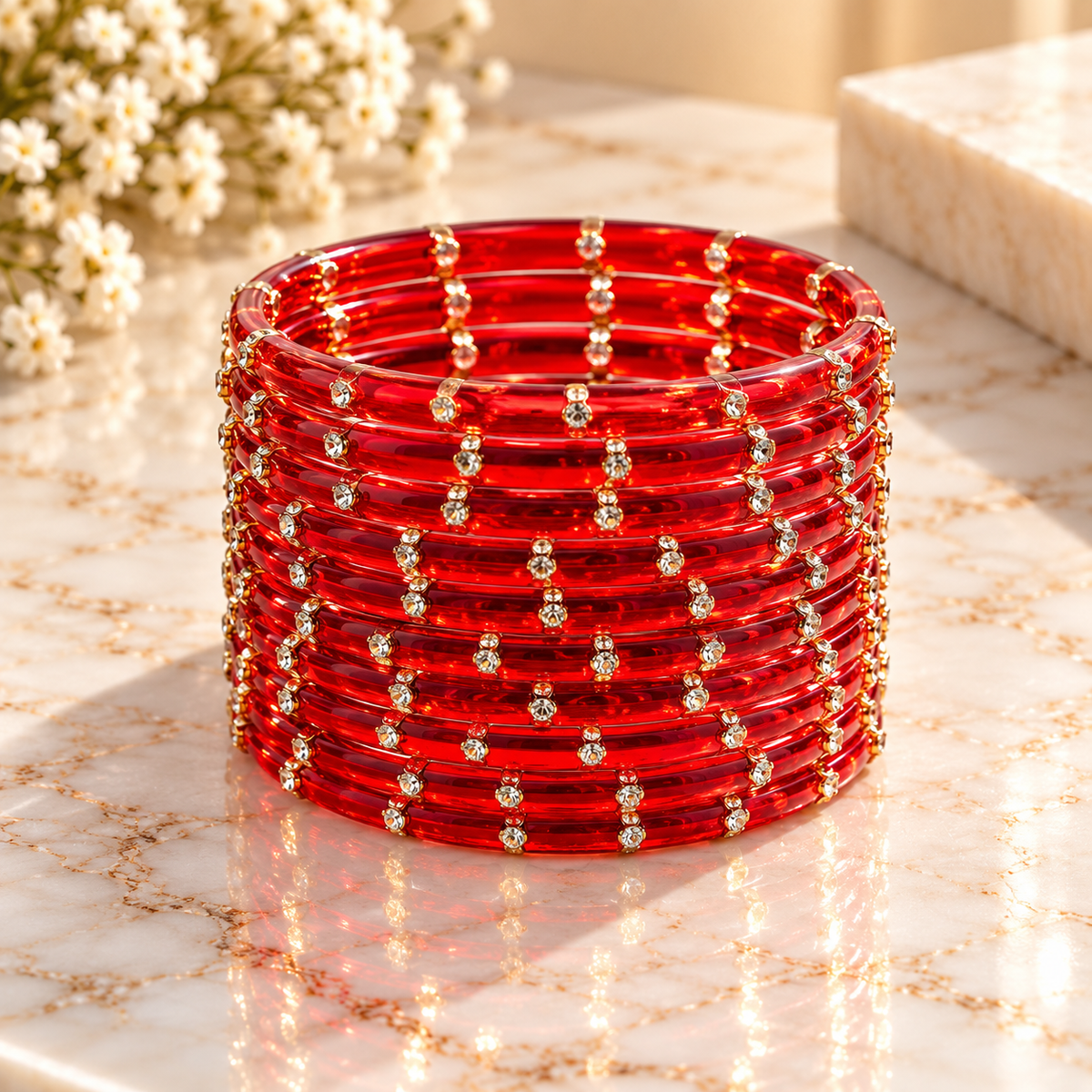 Traditional Indian Glass Bangles with Rhinestone Accents – Red, Rust, Maroon & Gajri