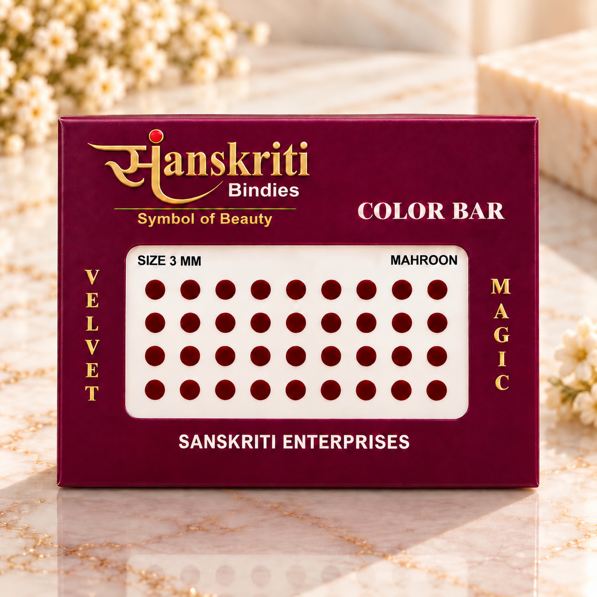 Sanskriti Mahroon Velvet Bindis – 2mm, 3mm & 3.5mm