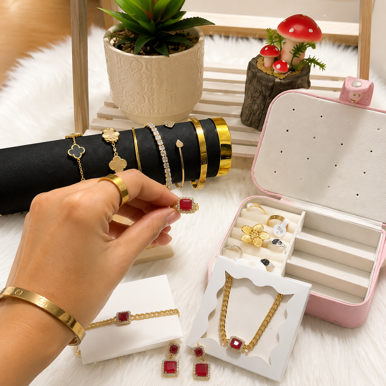 Luxury Ruby Red Square Pendant Cuban Chain Necklace | Gold-Plated Statement Necklace for Women