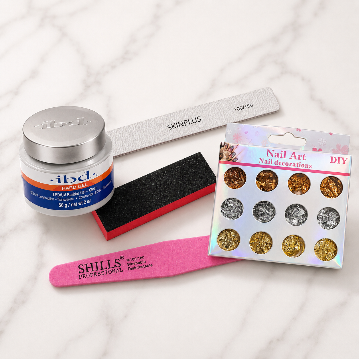 IBD Builder Gel Nail Art Starter Bundle – Builder Gel, Buffers & Nail Foil Decoration Kit