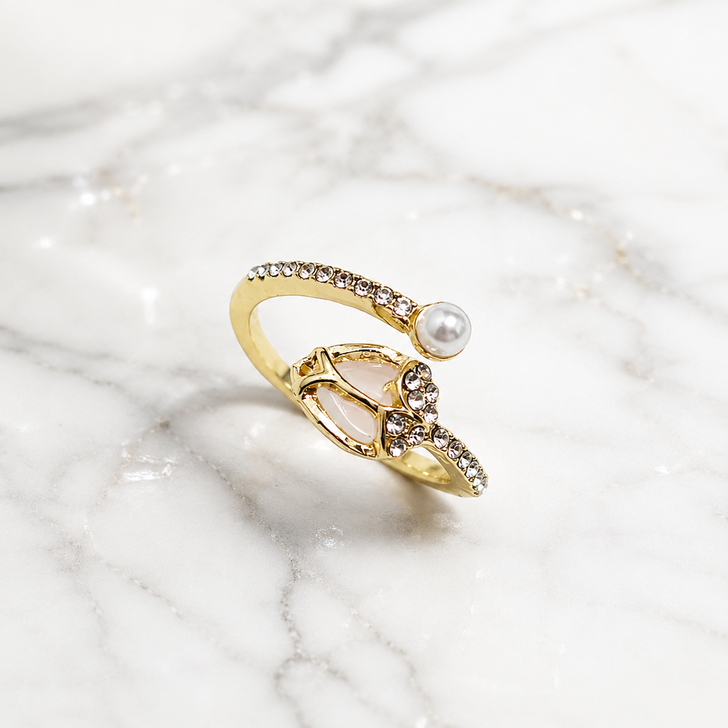 Elegant Pearl & Crystal Open Adjustable Gold Ring for Women