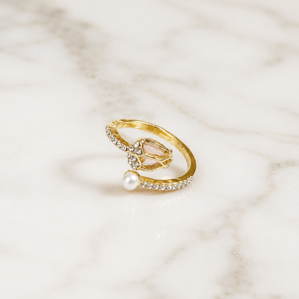 Elegant Pearl & Crystal Open Adjustable Gold Ring for Women