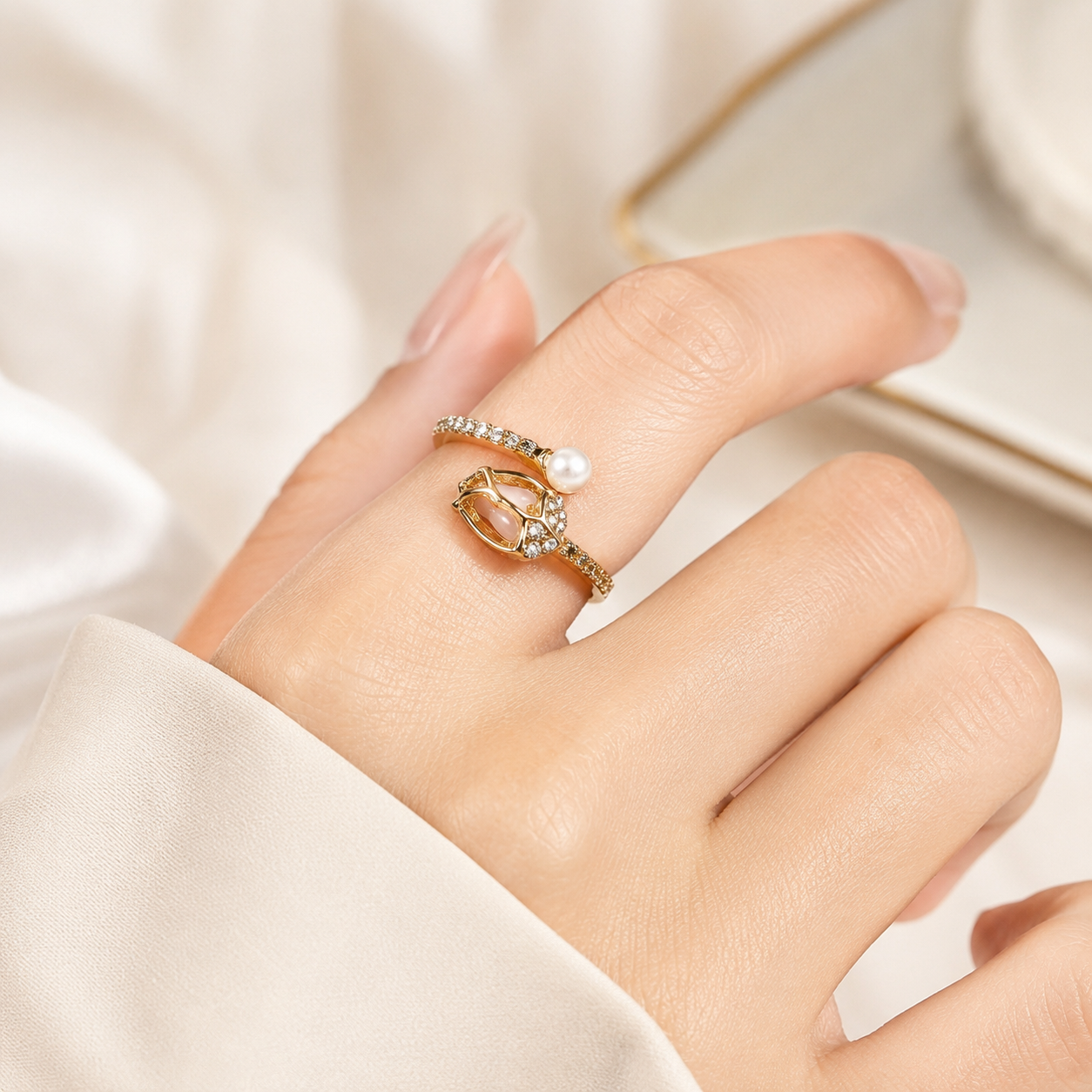 Elegant Pearl & Crystal Open Adjustable Gold Ring for Women