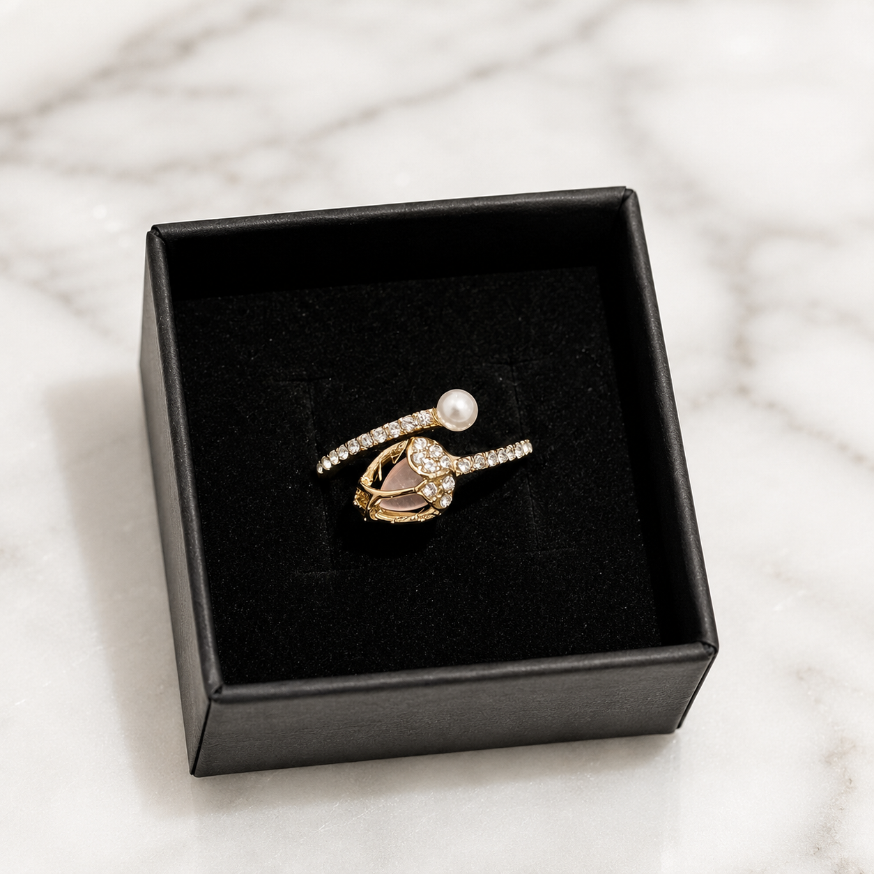 Elegant Pearl & Crystal Open Adjustable Gold Ring for Women