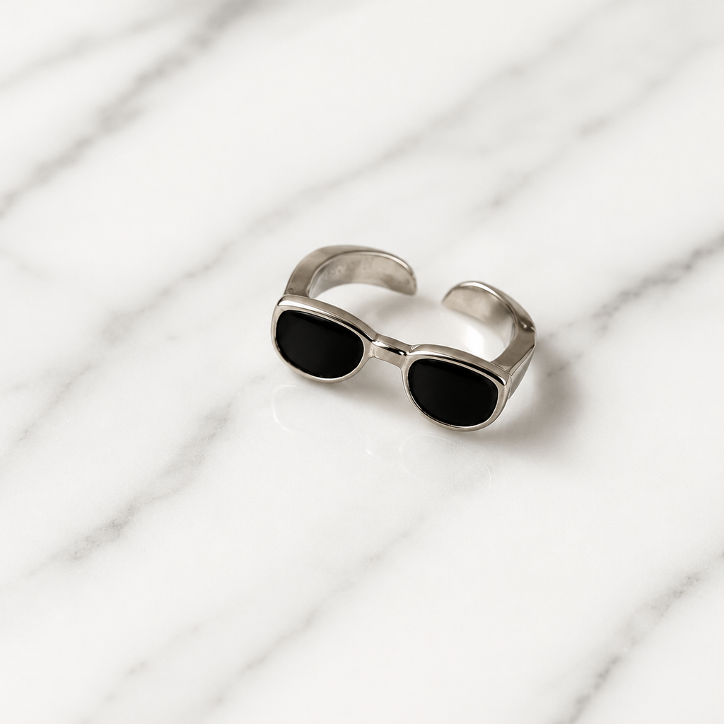 Minimalist Sunglasses Adjustable Ring – Silver Open Band Statement Ring with Black Enamel | Trendy Unisex Fashion Jewelry
