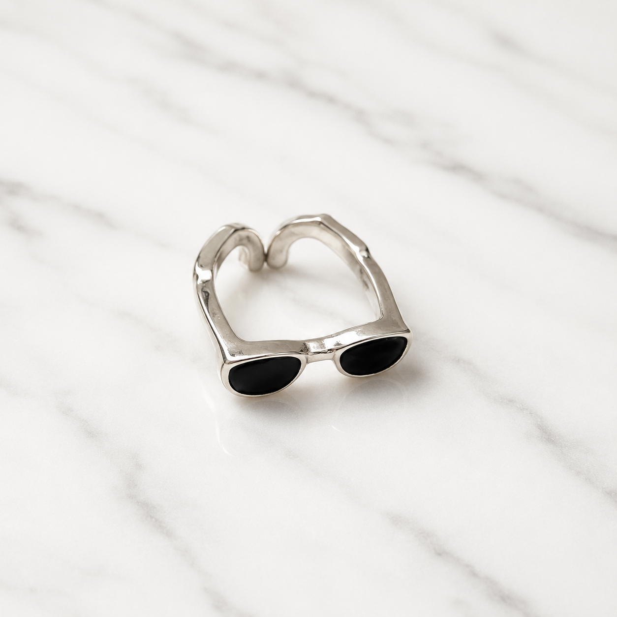 Minimalist Sunglasses Adjustable Ring – Silver Open Band Statement Ring with Black Enamel | Trendy Unisex Fashion Jewelry
