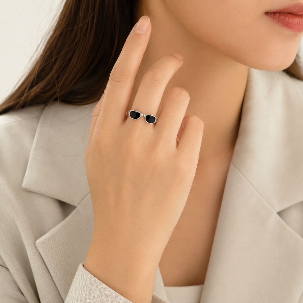 Minimalist Sunglasses Adjustable Ring – Silver Open Band Statement Ring with Black Enamel | Trendy Unisex Fashion Jewelry