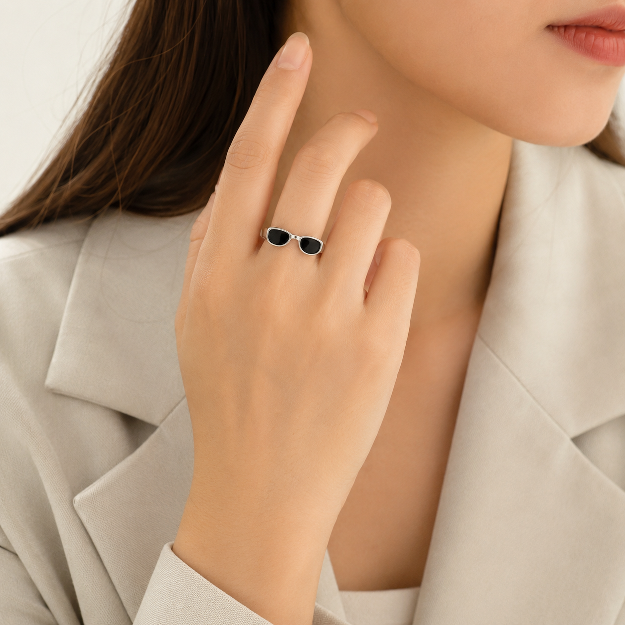 Minimalist Sunglasses Adjustable Ring – Silver Open Band Statement Ring with Black Enamel | Trendy Unisex Fashion Jewelry