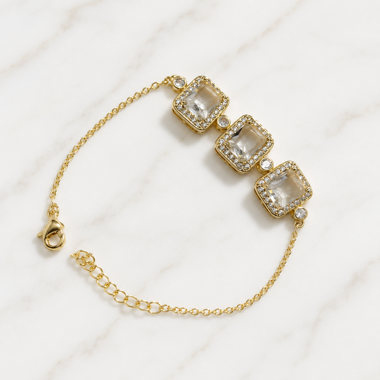 Luxury Gold-Tone Triple Square Crystal Bracelet – Elegant Adjustable Chain Bracelet for Women