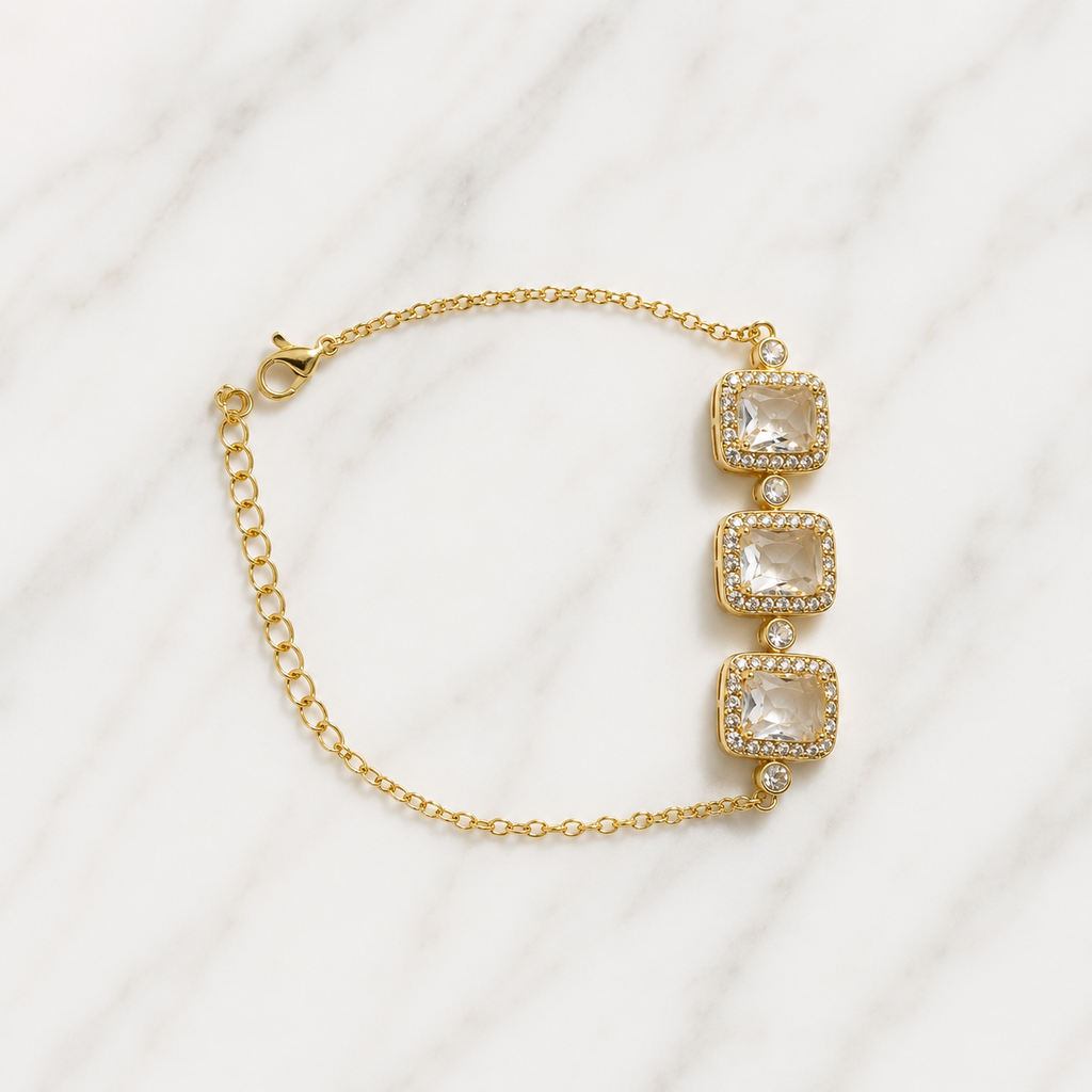Luxury Gold-Tone Triple Square Crystal Bracelet – Elegant Adjustable Chain Bracelet for Women