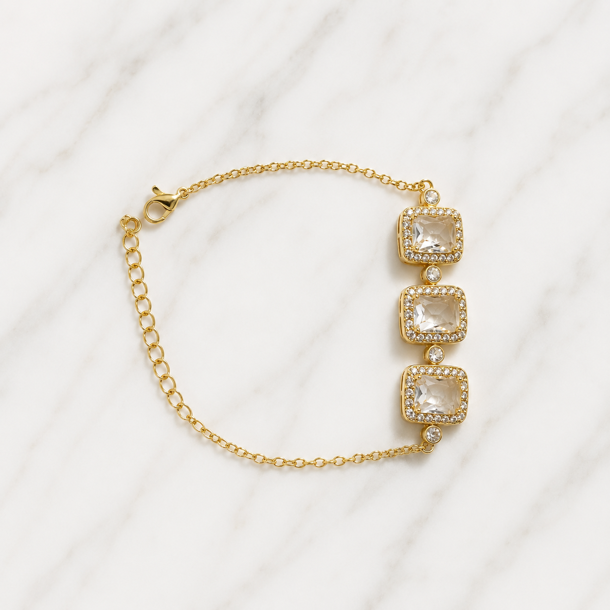 Luxury Gold-Tone Triple Square Crystal Bracelet – Elegant Adjustable Chain Bracelet for Women