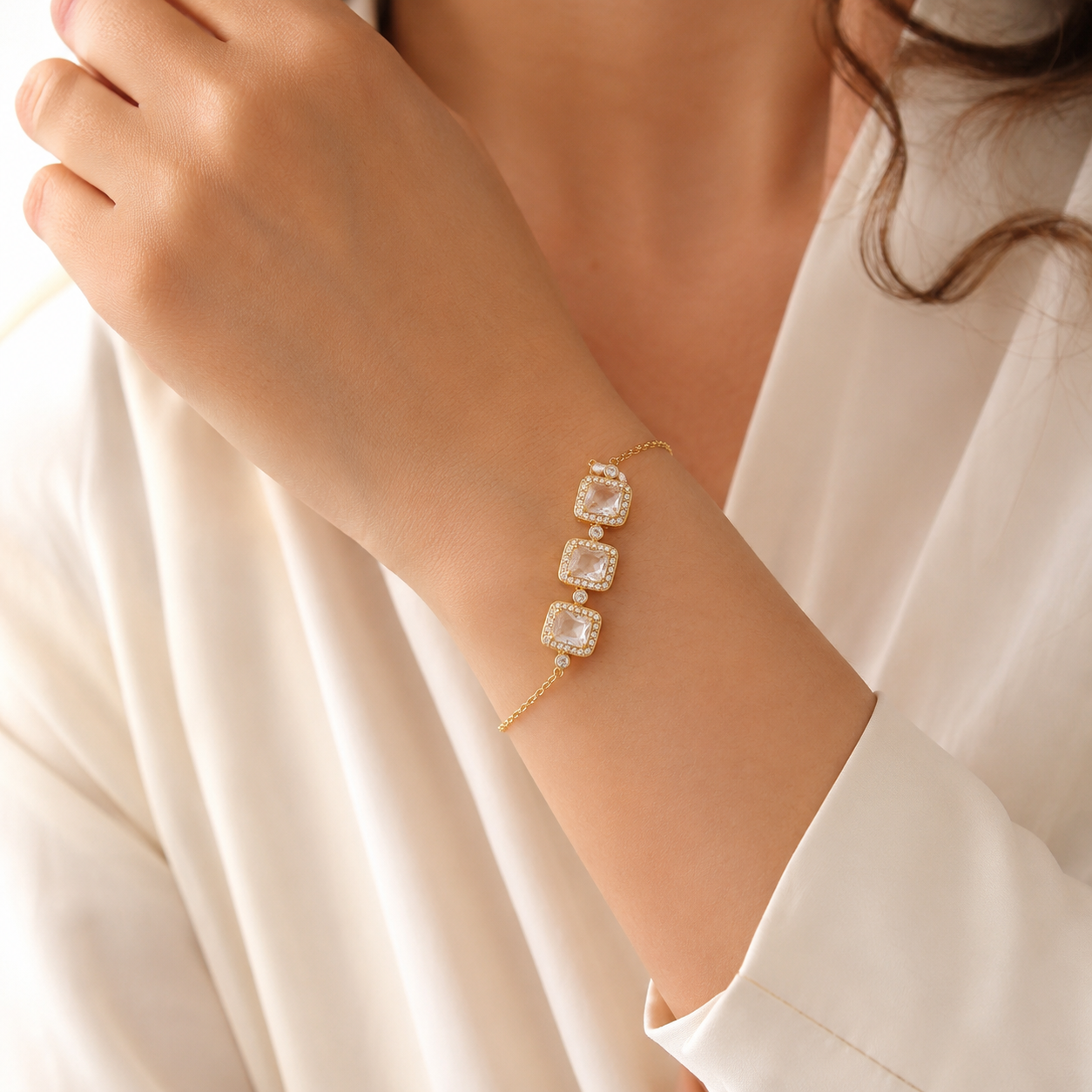 Luxury Gold-Tone Triple Square Crystal Bracelet – Elegant Adjustable Chain Bracelet for Women