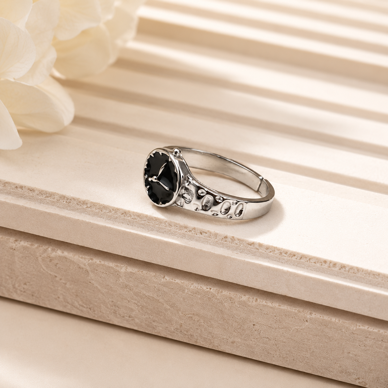 Vintage Black Dial Clock Ring – Adjustable Silver Statement Ring | Retro Unisex Fashion Jewelry