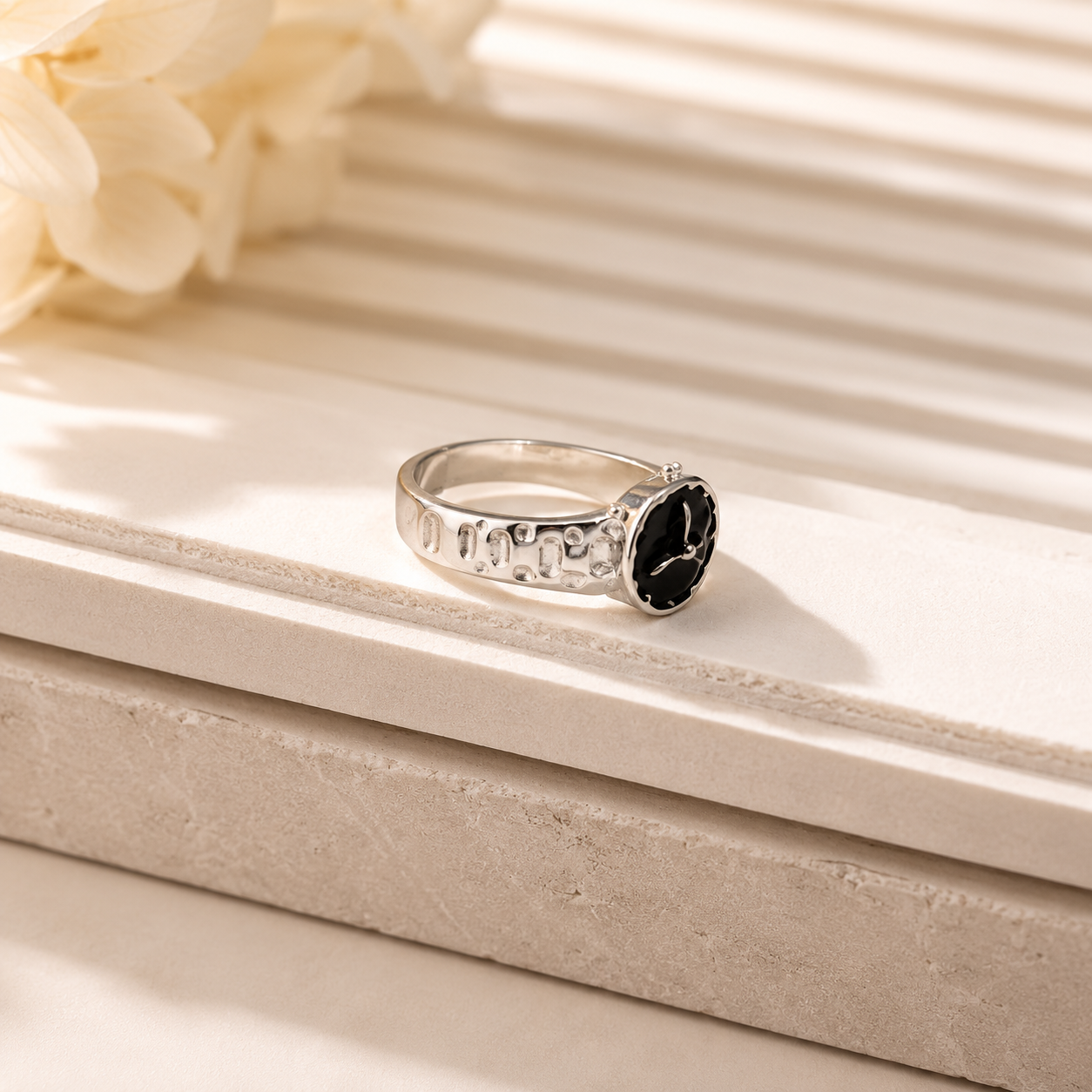 Vintage Black Dial Clock Ring – Adjustable Silver Statement Ring | Retro Unisex Fashion Jewelry