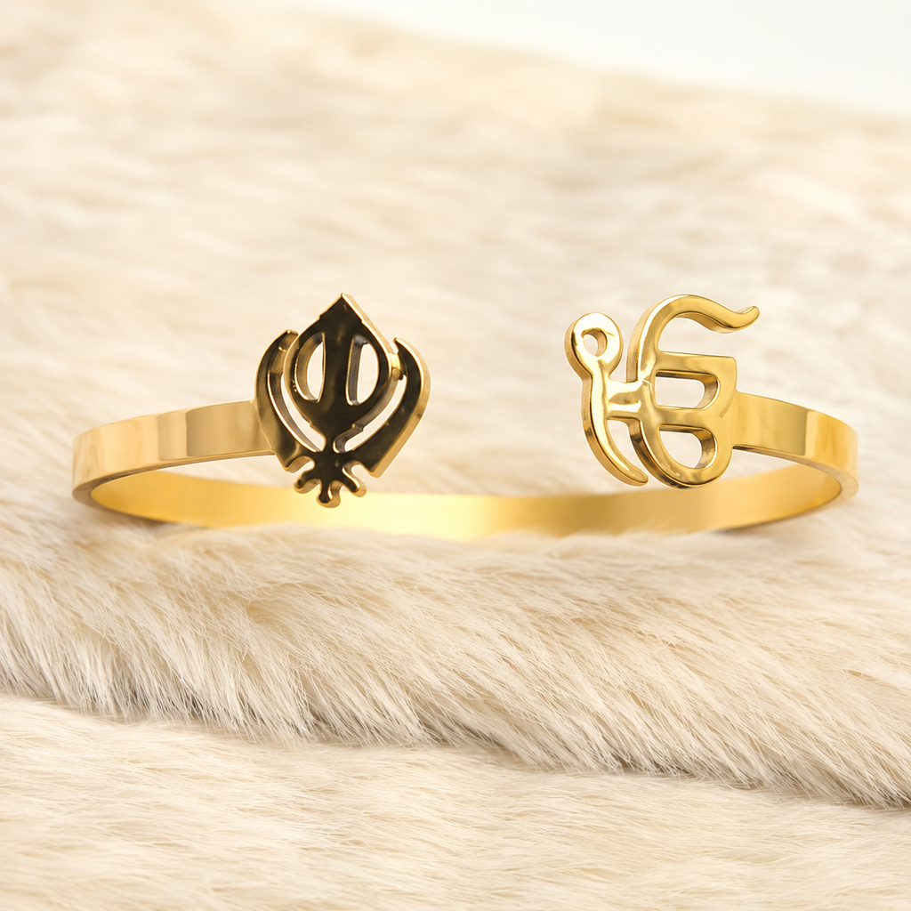 Khanda & Ik Onkar Gold Stainless Steel Cuff Bracelet for Women
