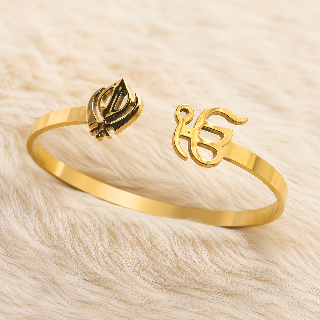 Khanda & Ik Onkar Gold Stainless Steel Cuff Bracelet for Women