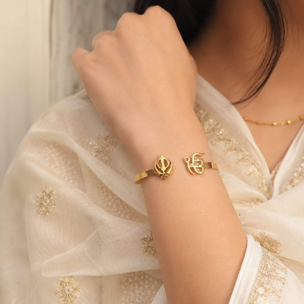 Khanda & Ik Onkar Gold Stainless Steel Cuff Bracelet for Women