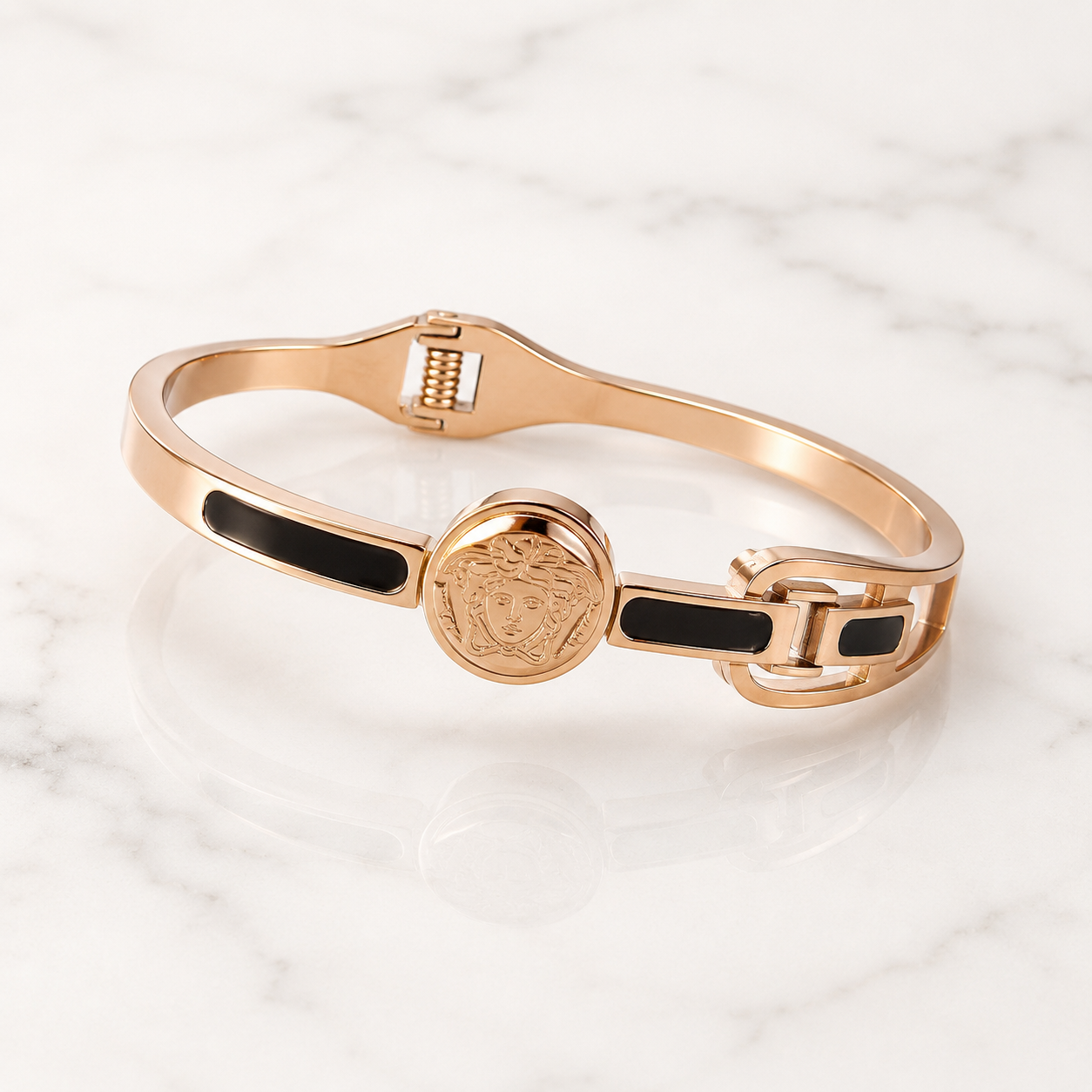Luxury Rose Gold Medusa Cuff Bracelet – Stainless Steel with Black Enamel
