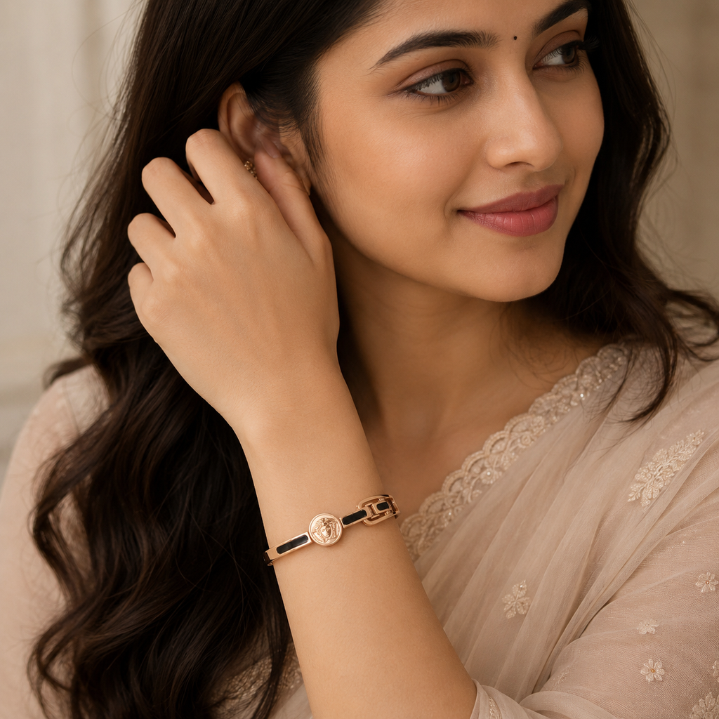 Luxury Rose Gold Medusa Cuff Bracelet – Stainless Steel with Black Enamel