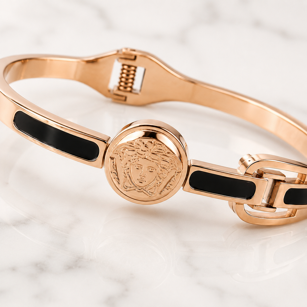 Luxury Rose Gold Medusa Cuff Bracelet – Stainless Steel with Black Enamel