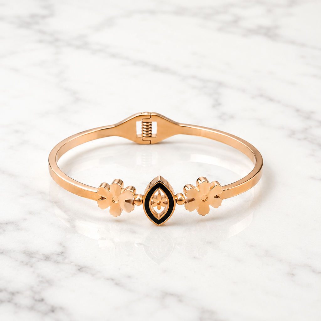 Rose Gold Floral Evil Eye Cuff Bracelet – Stainless Steel Bangle for Women