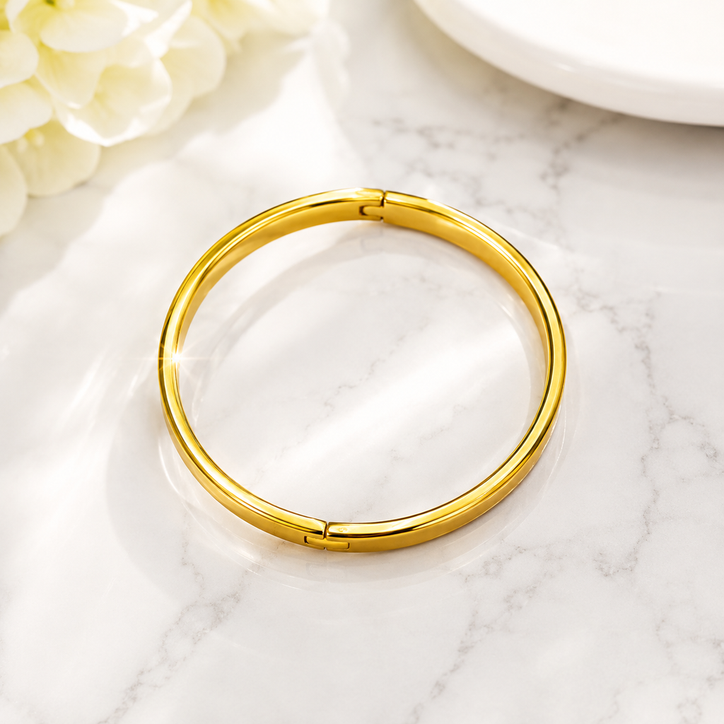 Elegant Gold-Tone Hinged Bangle Bracelet | Minimalist Stainless Steel Kada for Women