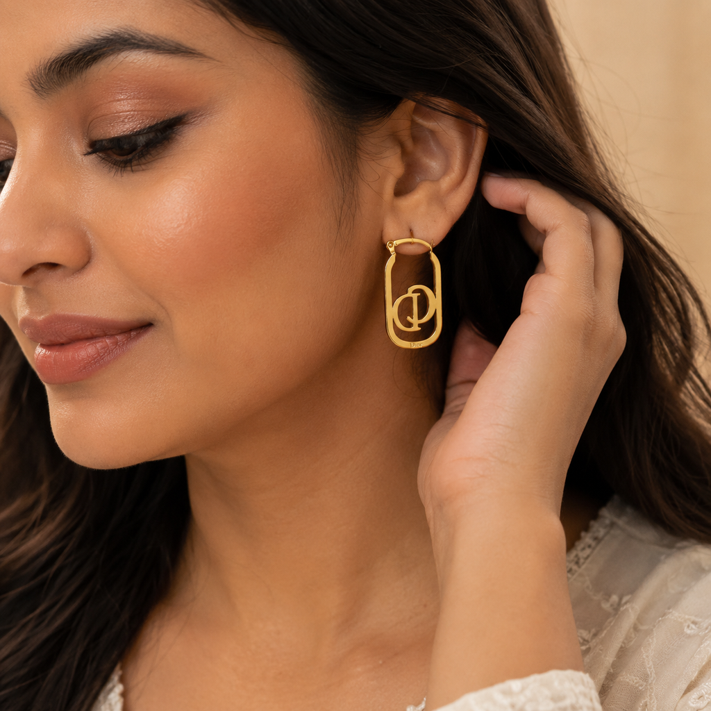 Luxury Gold-Tone Monogram Hoop Dior Earrings | Elegant Designer-Inspired Statement Earrings for Women