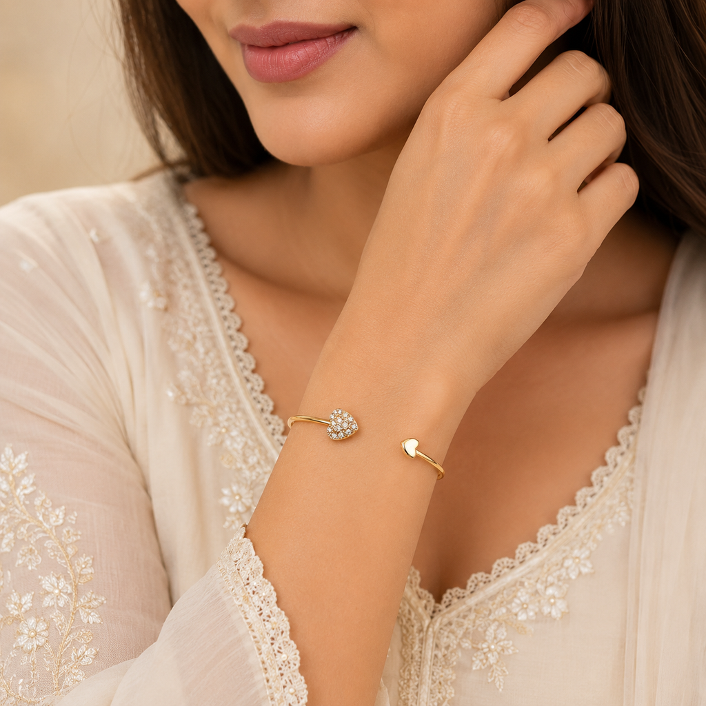 Elegant Gold Heart Open Cuff Bracelet with Crystal Accents | Adjustable Minimalist Bracelet for Women