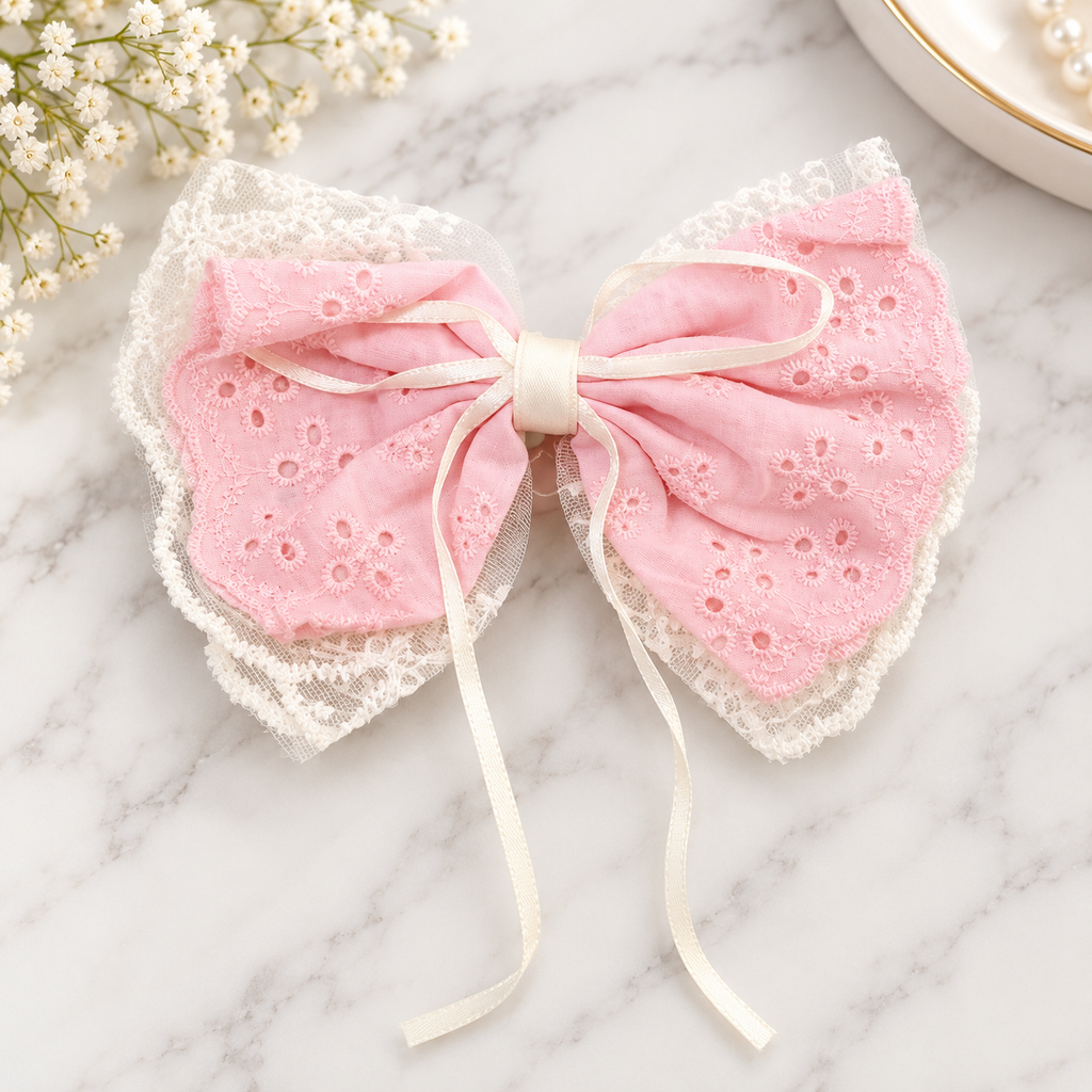 Vintage Lace Bow Hair Accessory – Pink, Ivory & Baby Blue
