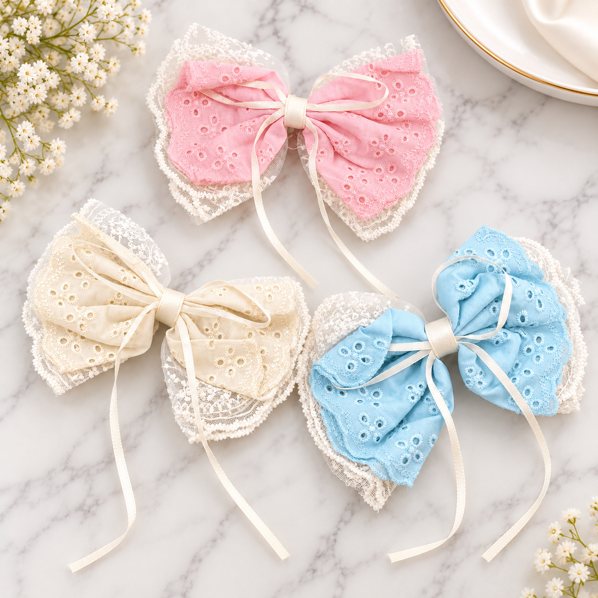 Vintage Lace Bow Hair Accessory – Pink, Ivory & Baby Blue