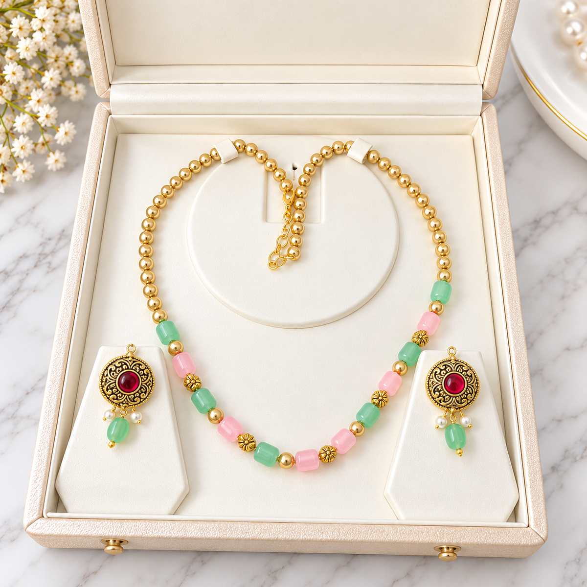 Pastel Multicolor Beaded Necklace & Matching Earrings Jewelry Set