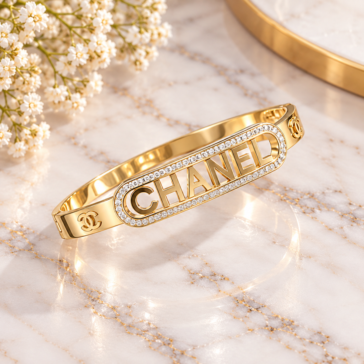 Gold-Tone Crystal CHANEL Statement Bangle – Elegant Luxury-Inspired Bracelet