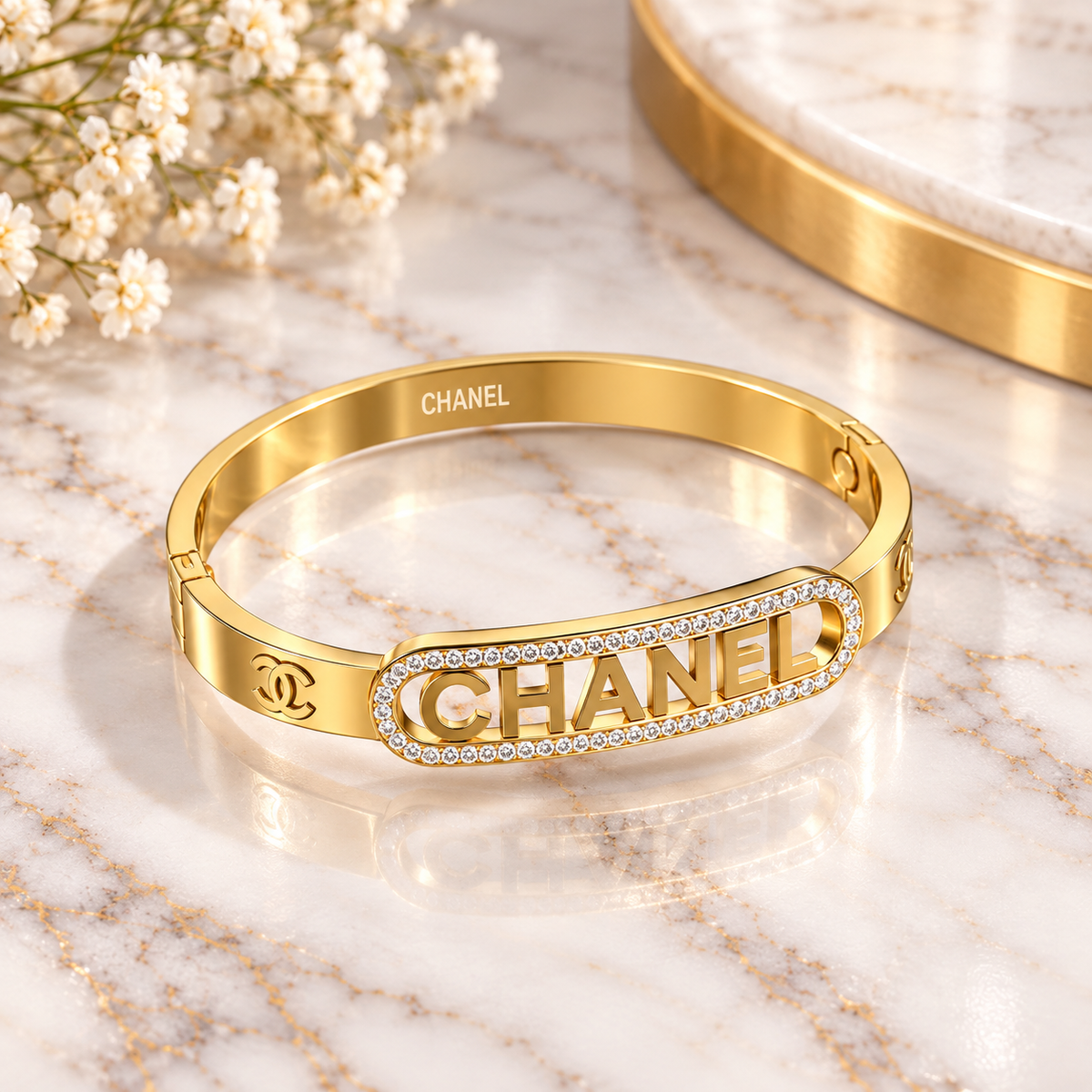 Gold-Tone Crystal CHANEL Statement Bangle – Elegant Luxury-Inspired Bracelet