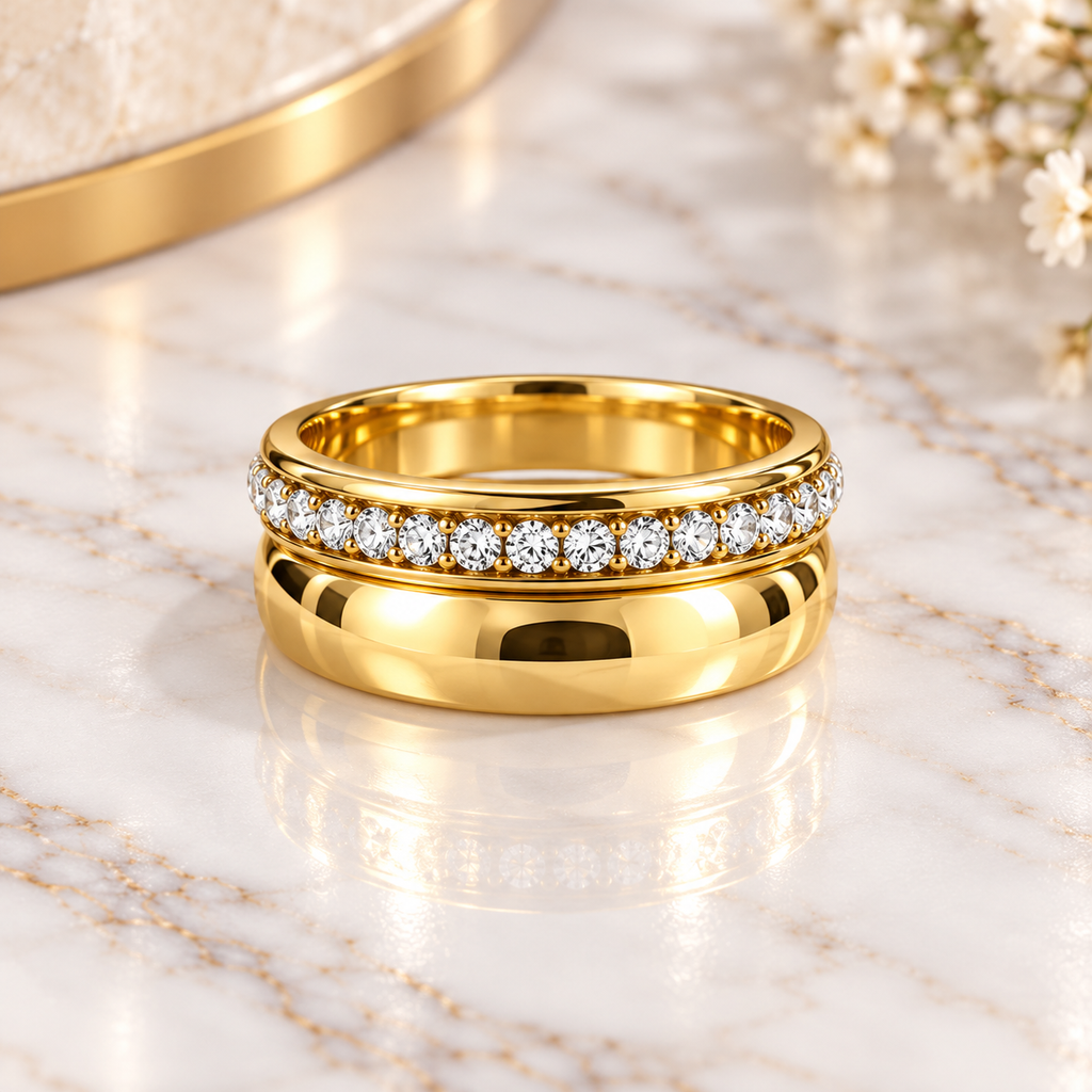 2 Gold-Tone Crystal Band Rings set – Elegant CZ Pave Statement 2 Different Rings