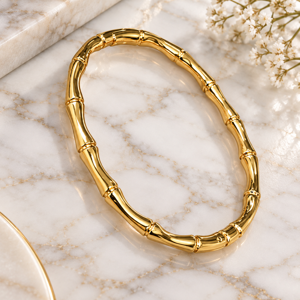 Gold-Tone Bamboo Link Bangle – Elegant Minimalist Bracelet