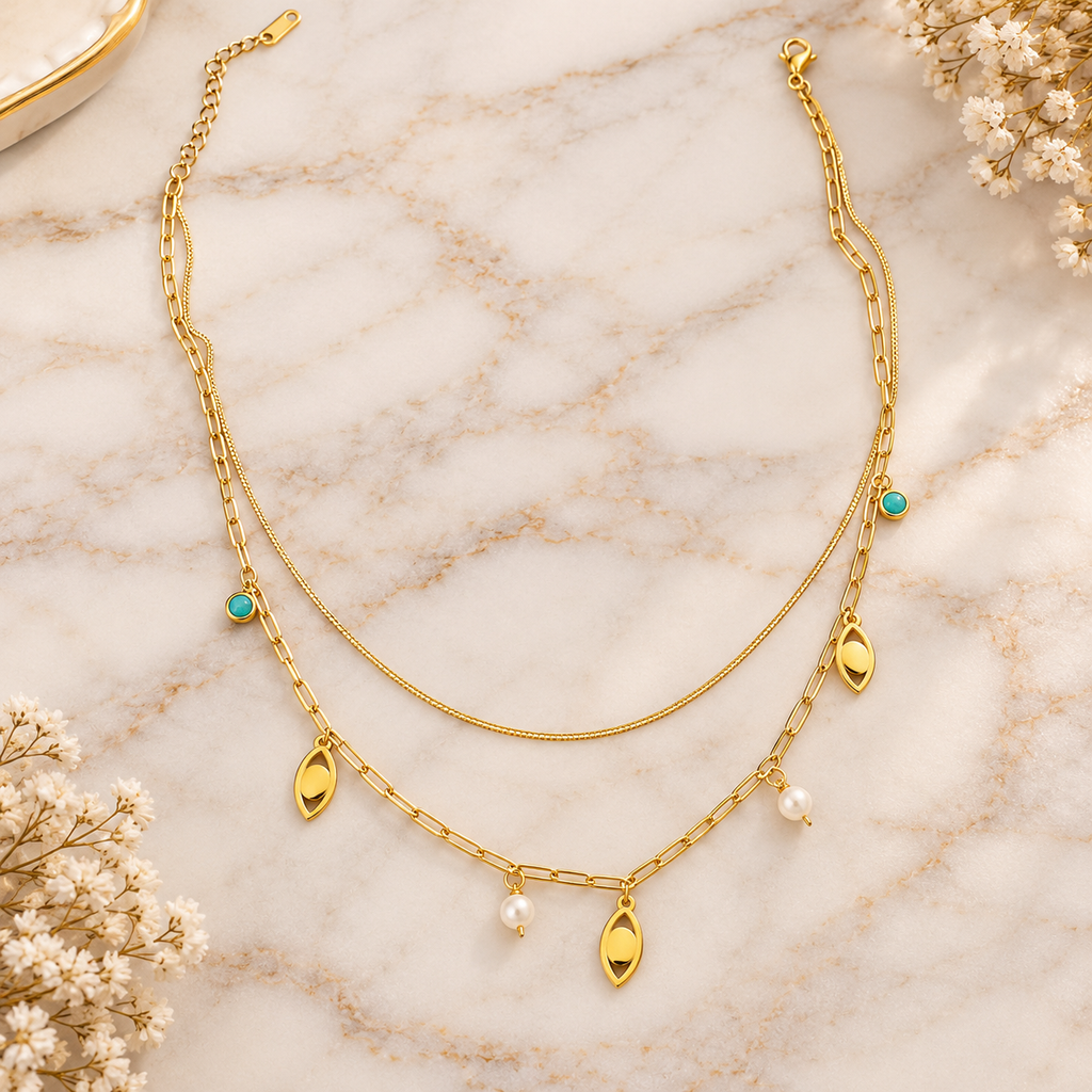 Gold-Tone Double-Layer Charm Necklace – Turquoise, Pearl & Leaf Pendant Chain