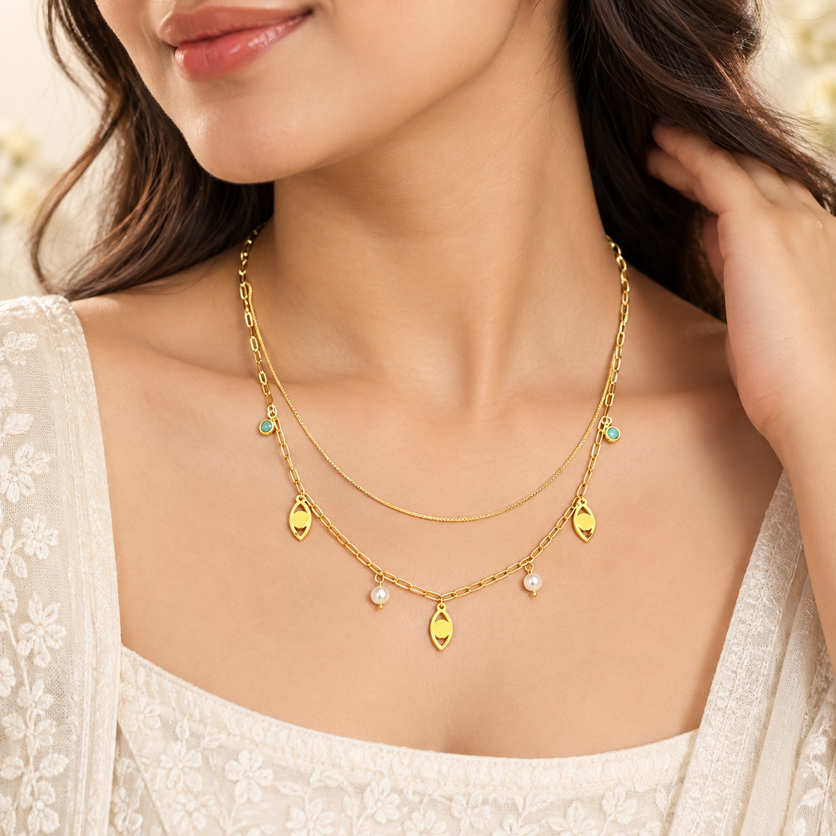 Gold-Tone Double-Layer Charm Necklace – Turquoise, Pearl & Leaf Pendant Chain