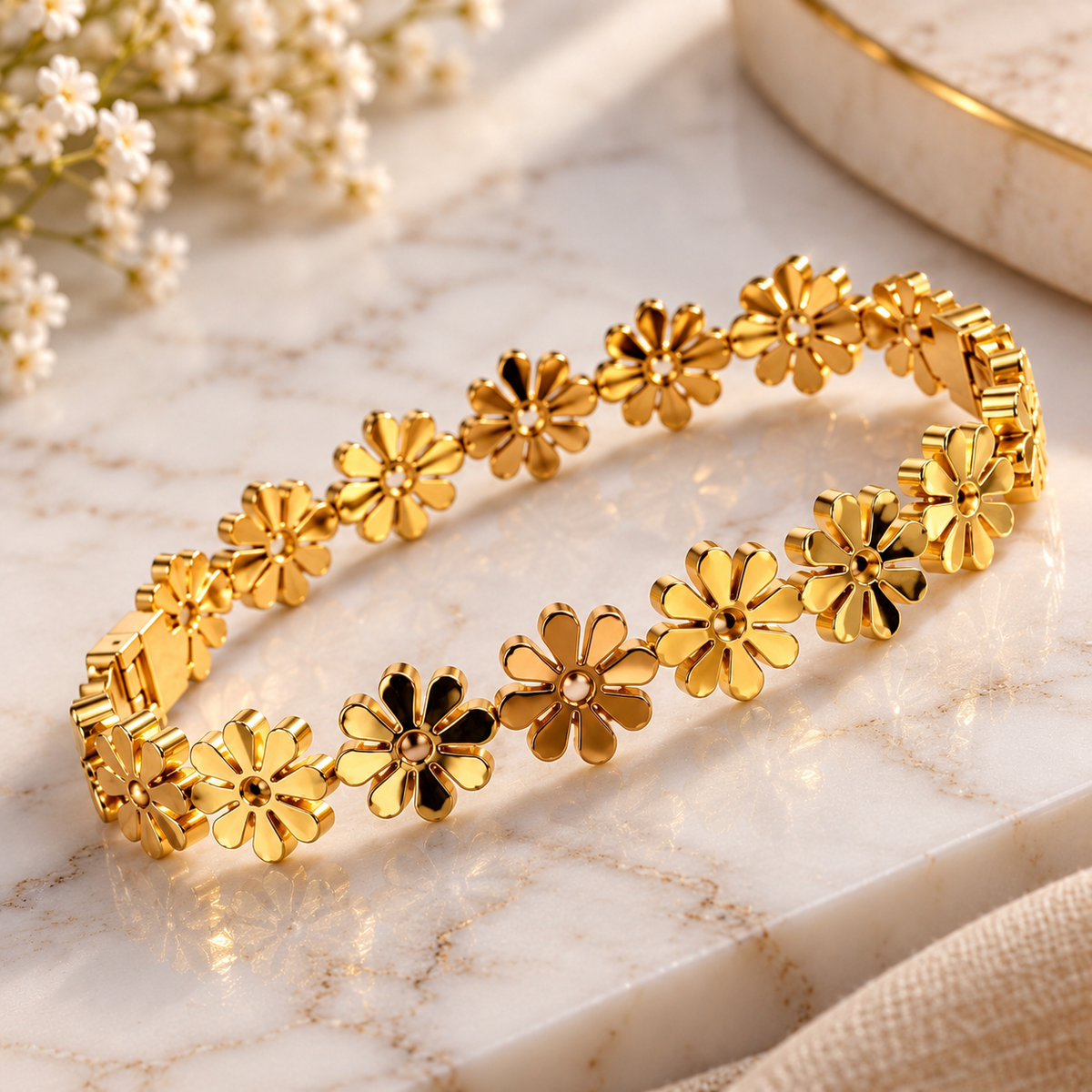 Gold Floral Flower Link Bracelet – Elegant Statement Jewelry