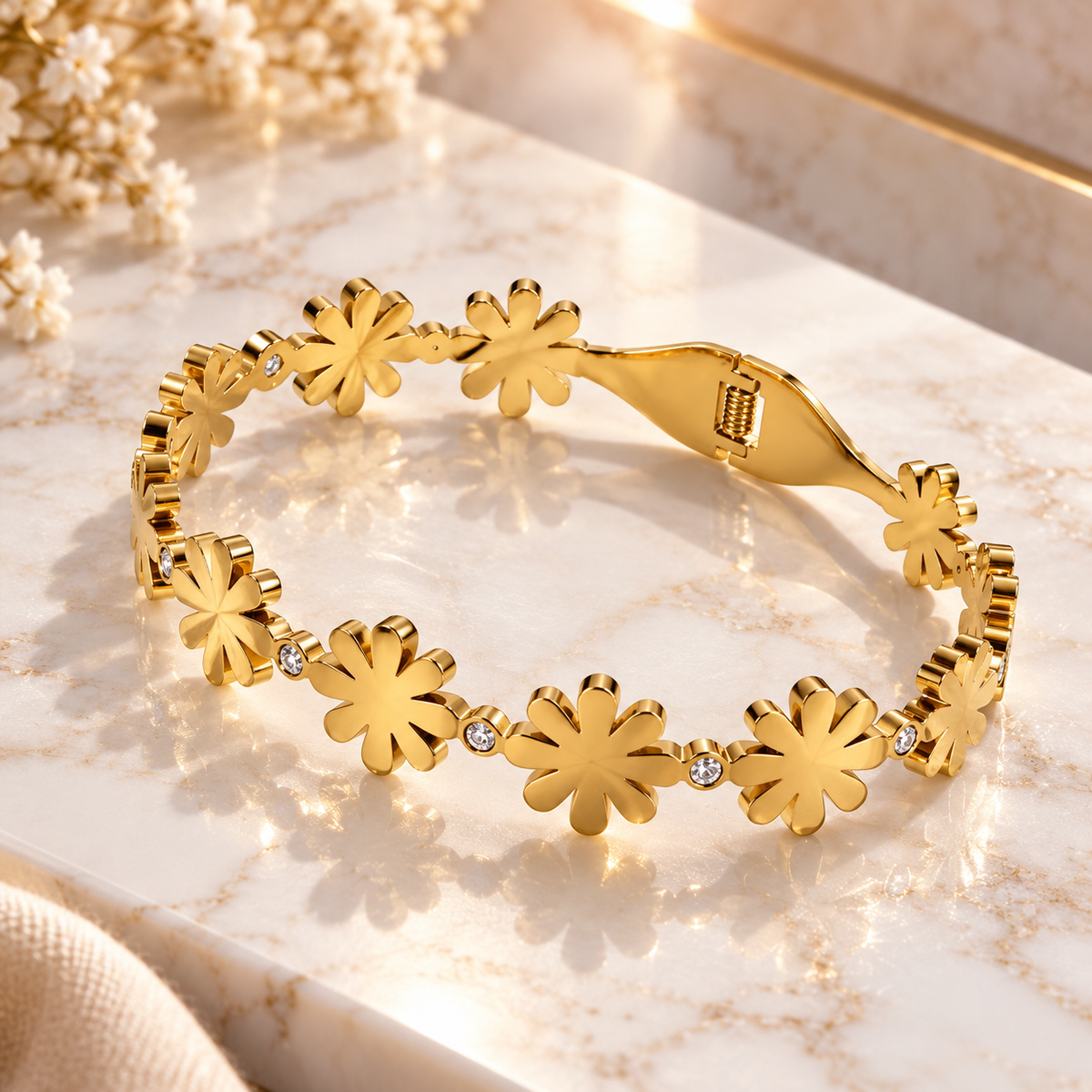 Gold Floral Crystal Bracelet – Elegant Flower Link Statement Bracelet