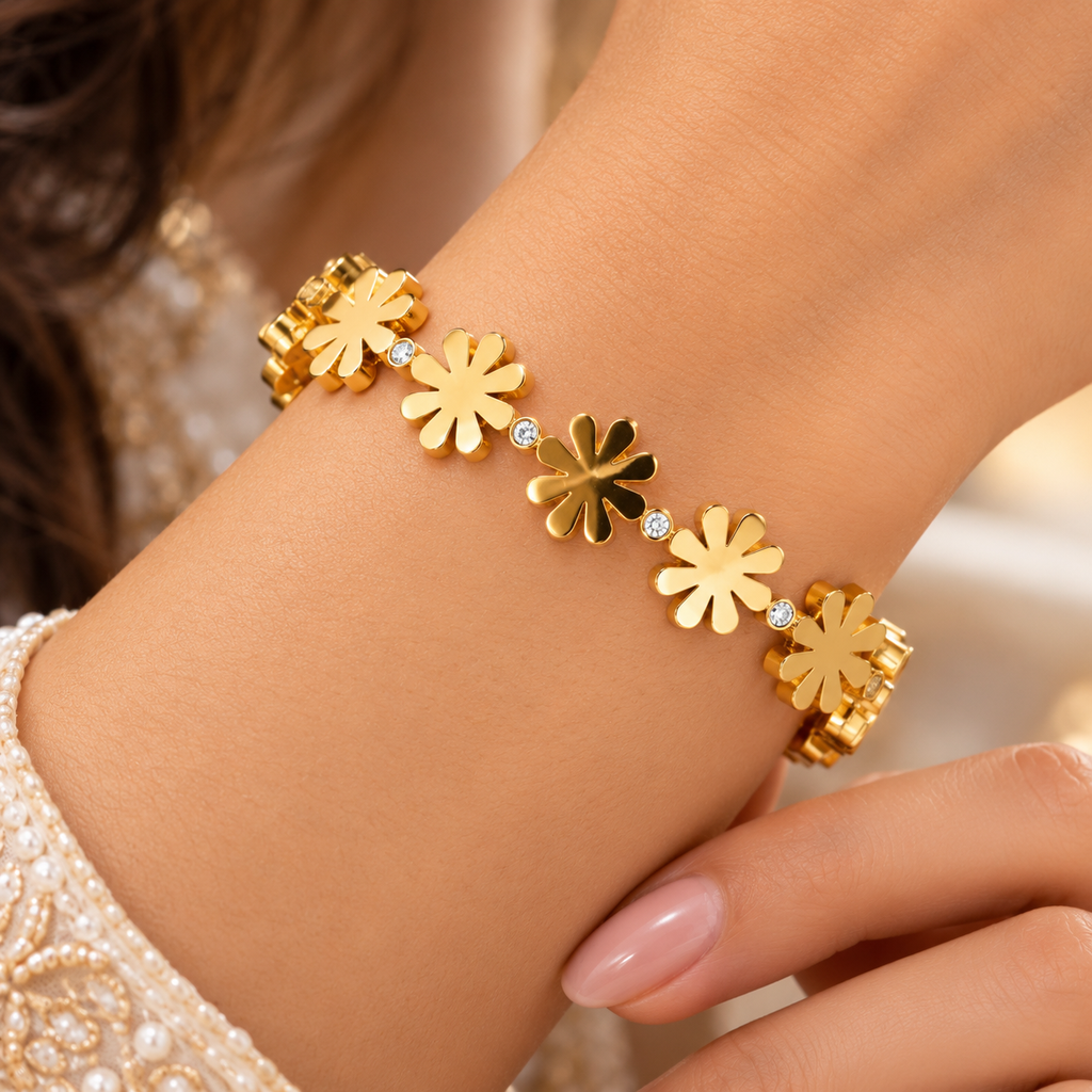 Gold Floral Crystal Bracelet – Elegant Flower Link Statement Bracelet