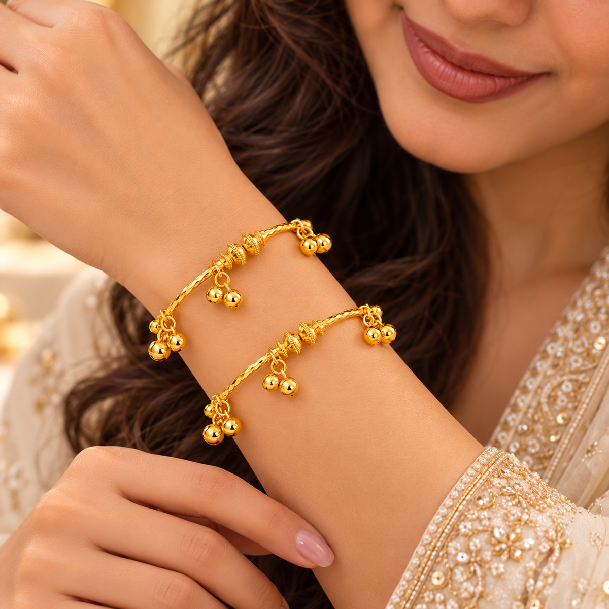 Traditional Gold-Tone Choodian Bangles with Bell Charms – Pair