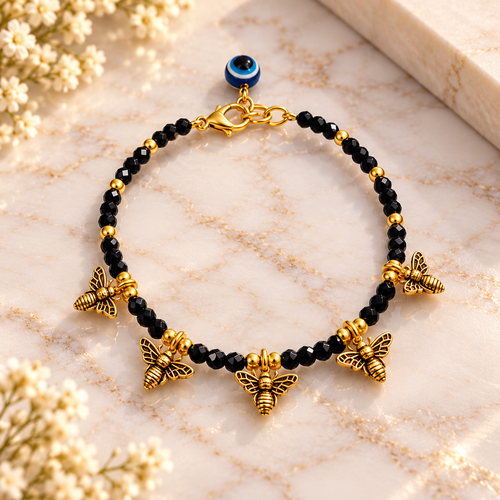 2 Black Beaded Evil Eye Bracelet with Gold Cowrie Charms