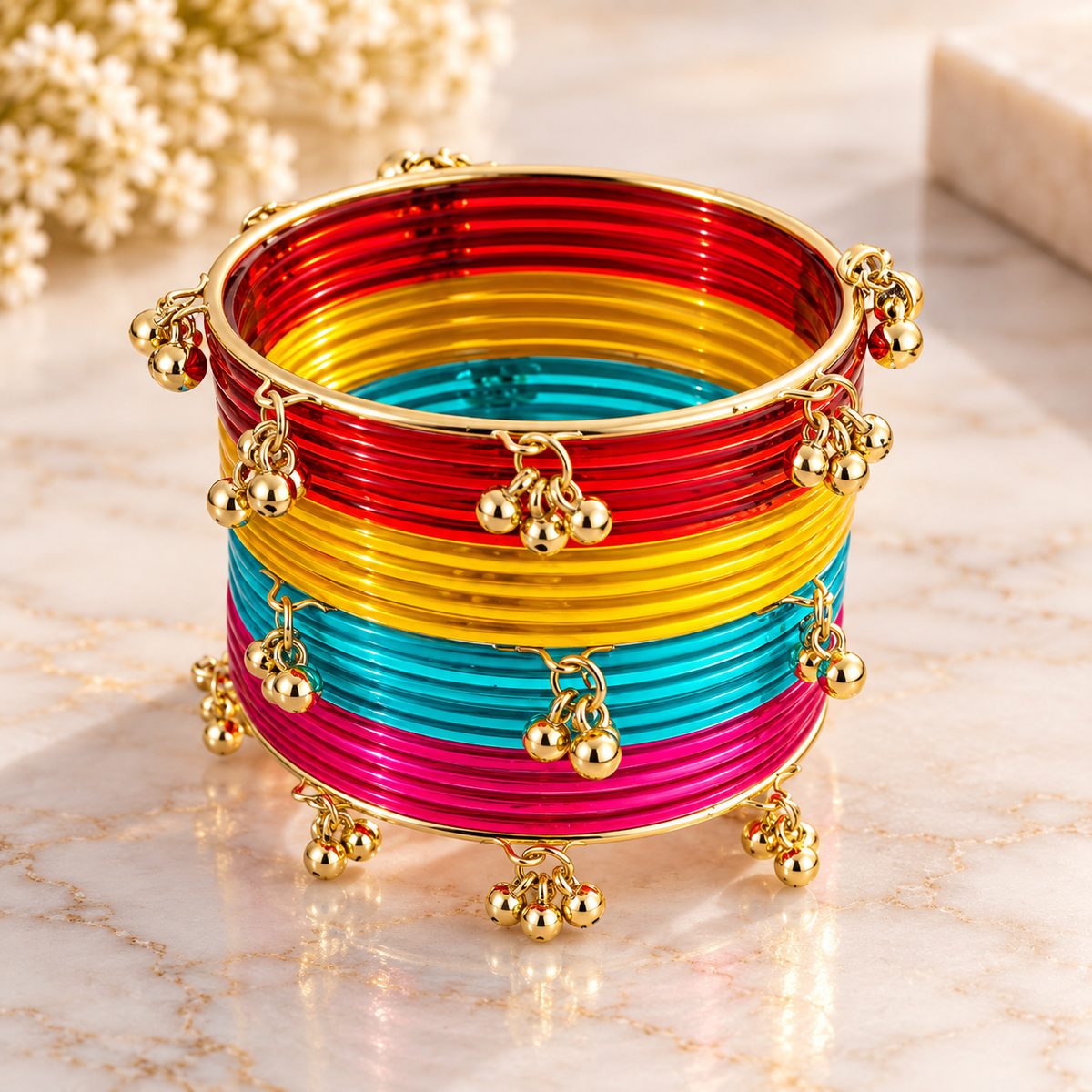 Traditional Indian Bangles with Golden Hanging Bells – Multicolor Choodiyan