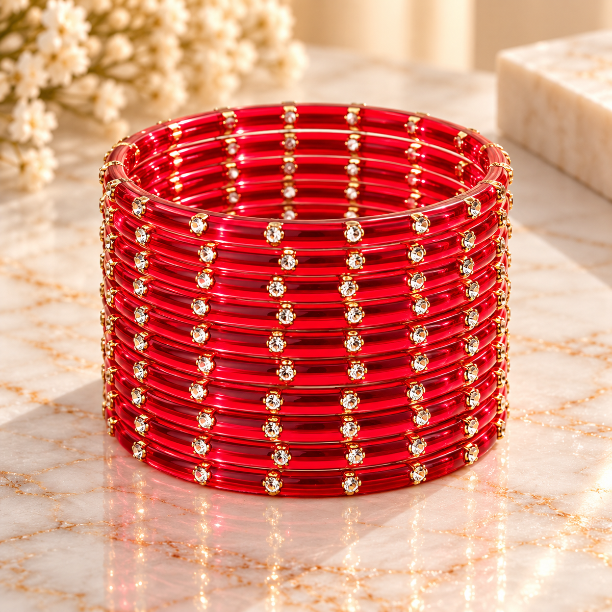 Traditional Indian Glass Bangles with Rhinestone Accents – Red, Rust, Maroon & Gajri