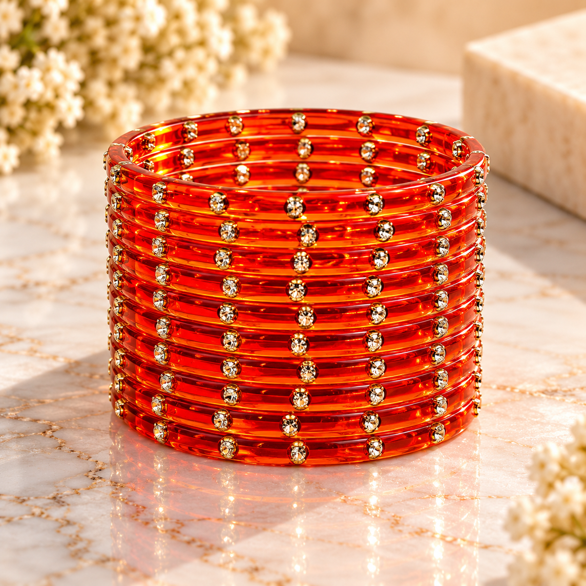 Traditional Indian Glass Bangles with Rhinestone Accents – Red, Rust, Maroon & Gajri